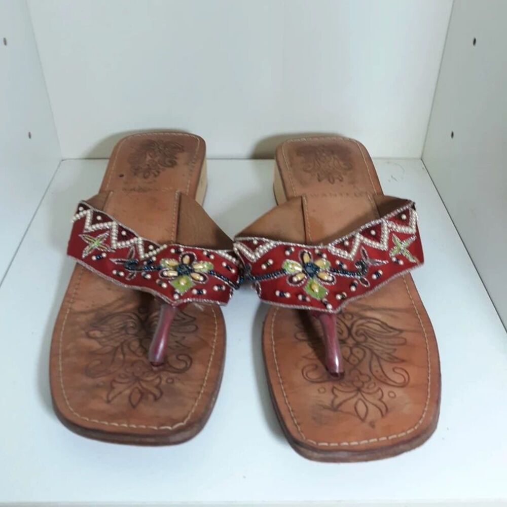 Wanted Beaded Velvet Wooden Wedge Sandals Red Floral Embroidered Thong Mules